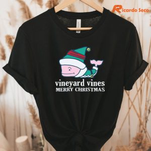 Vineyard Vines Christmas T-shirt hanging on a hanger