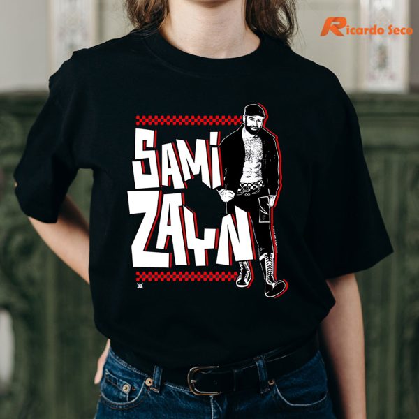 Wwe Sami Zayn Full Body With Logo T-shirt is being worn on the body