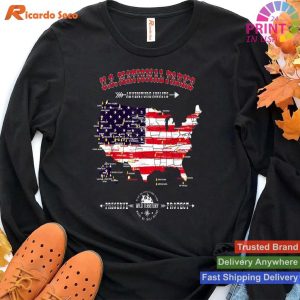 American Flag Adventure Vintage Hiking Camping T-shirt with 63 National Parks Map