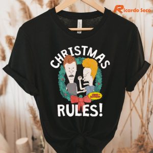 Beavis and Butthead Christmas Rules T-Shirt hung on a hanger