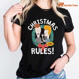 Beavis and Butthead Christmas Rules T-Shirt is worn on the human body