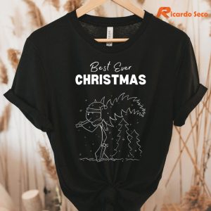 Best Ever Christmas T-shirt hung on a hanger