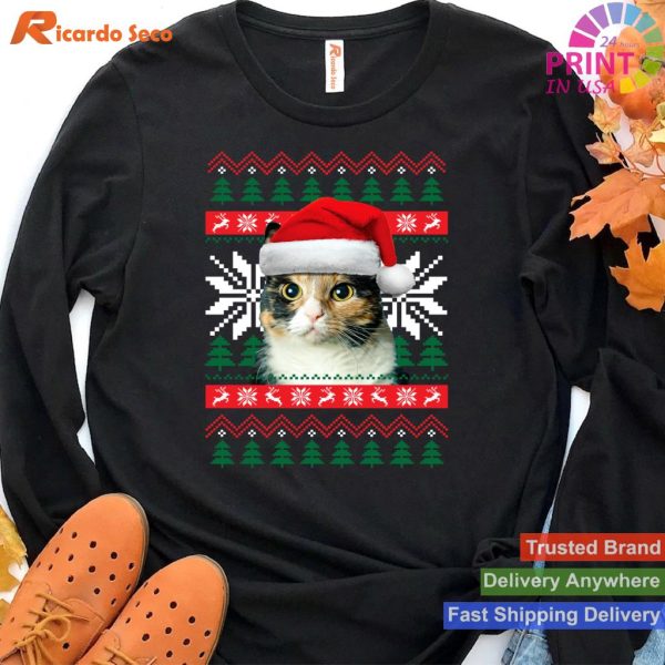 Calico Cat Ugly Christmas Sweater Style Santa Hat Kitty Mom Long Sleeve