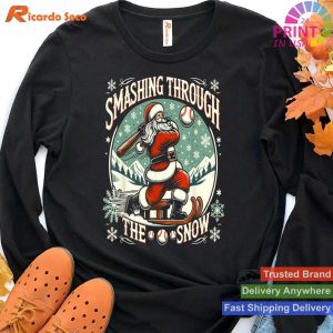 Christmas Baseball Player Santa Smashing Through Snow T-shirt