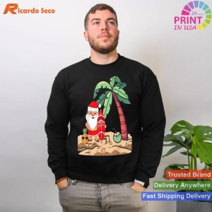 Christmas in July Santa Holding Surf Board on Tropical Beach T-shirt