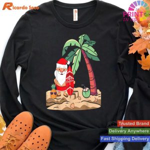 Christmas in July Santa Holding Surf Board on Tropical Beach T-shirt