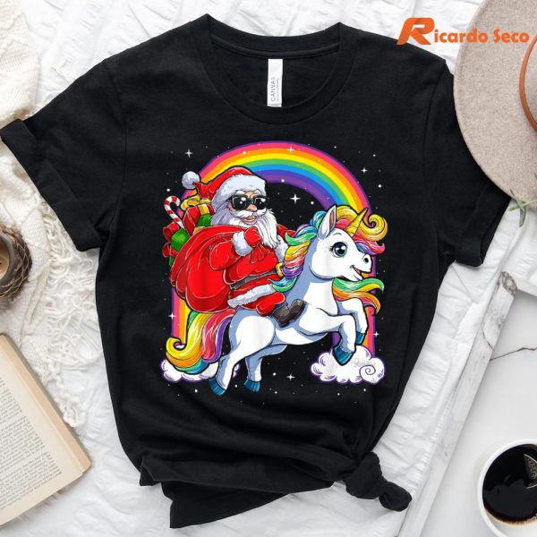 Christmas Santa Riding Unicorn Xmas Rainbow T-shirt