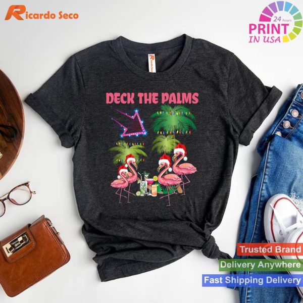 Deck The Palms Flamingo Tropical Christmas Palm Tree Lights T-shirt