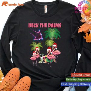 Deck The Palms Flamingo Tropical Christmas Palm Tree Lights T-shirt