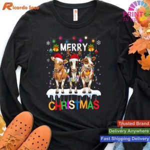 Merry Christmas Cow Shirt Farmer Santa Hat Xmas Lights T-shirt