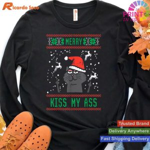 Merry Kiss My Ass Black Cat Santa Ugly Christmas Xmas PJ T-shirt