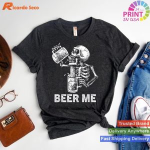 Skeleton Scary Spooky Drinking Men Party Gift Beer Me T-shirt