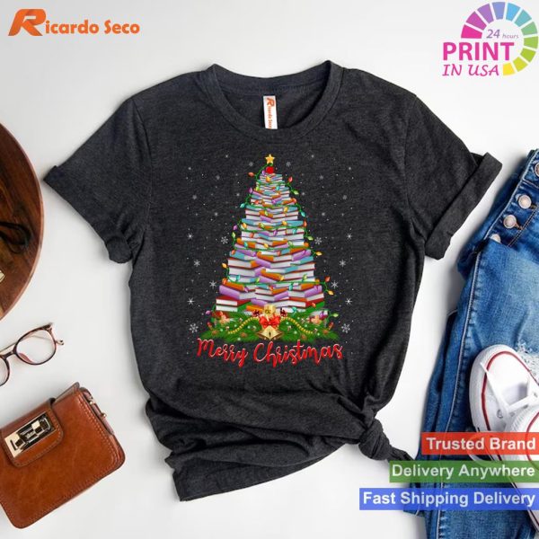 Xmas Light Book Lover Librarian Library Books Christmas Tree T-shirt