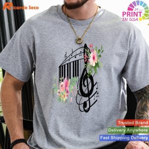 Cute music teacher with Piano Keys, Notes, and Flowers T-shirt