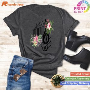 Cute music teacher with Piano Keys, Notes, and Flowers T-shirt