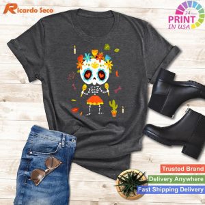 Dia De Los Muertos Mexican Sugar Skull Tee Kids Girl Skeleton Design