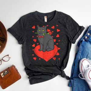 Elegant Black Cat with Red Rose & Heart Women is Valentine Tee