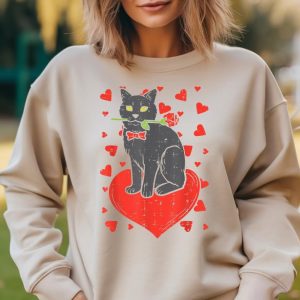 Elegant Black Cat with Red Rose & Heart Women is Valentine Tee