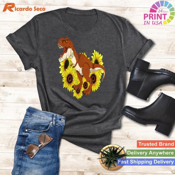 Floral Sunshine T-Rex - Yellow Flowers and Sunflowers Dinosaur Tee