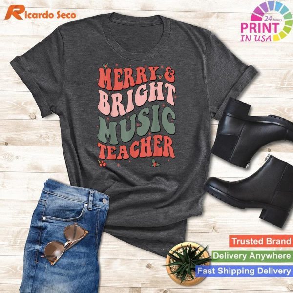 Funny Christmas Groovy Merry And Bright Music Teacher T-shirt