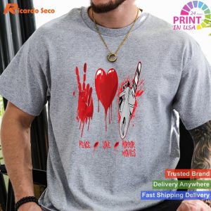 Peace Love Horror Movies T-Shirt - Chainsaw & Heart Graphic