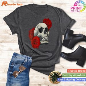 Red Rose Skull Tee Stylish and Artistic Floral Skull Design