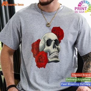 Red Rose Skull Tee Stylish and Artistic Floral Skull Design