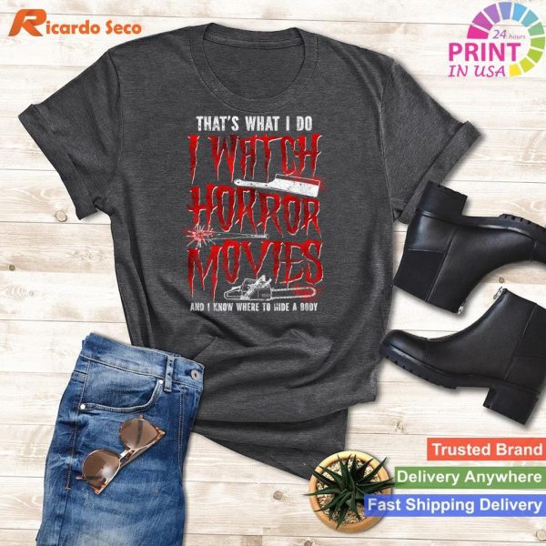 Scary Horror Movie T-Shirt - Chainsaw & Knife with Body Hiding Humor
